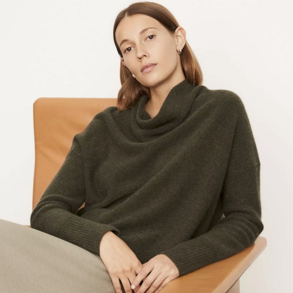 Vince Cowl Neck 100% Boiled Cashmere Sweater, Forest Green